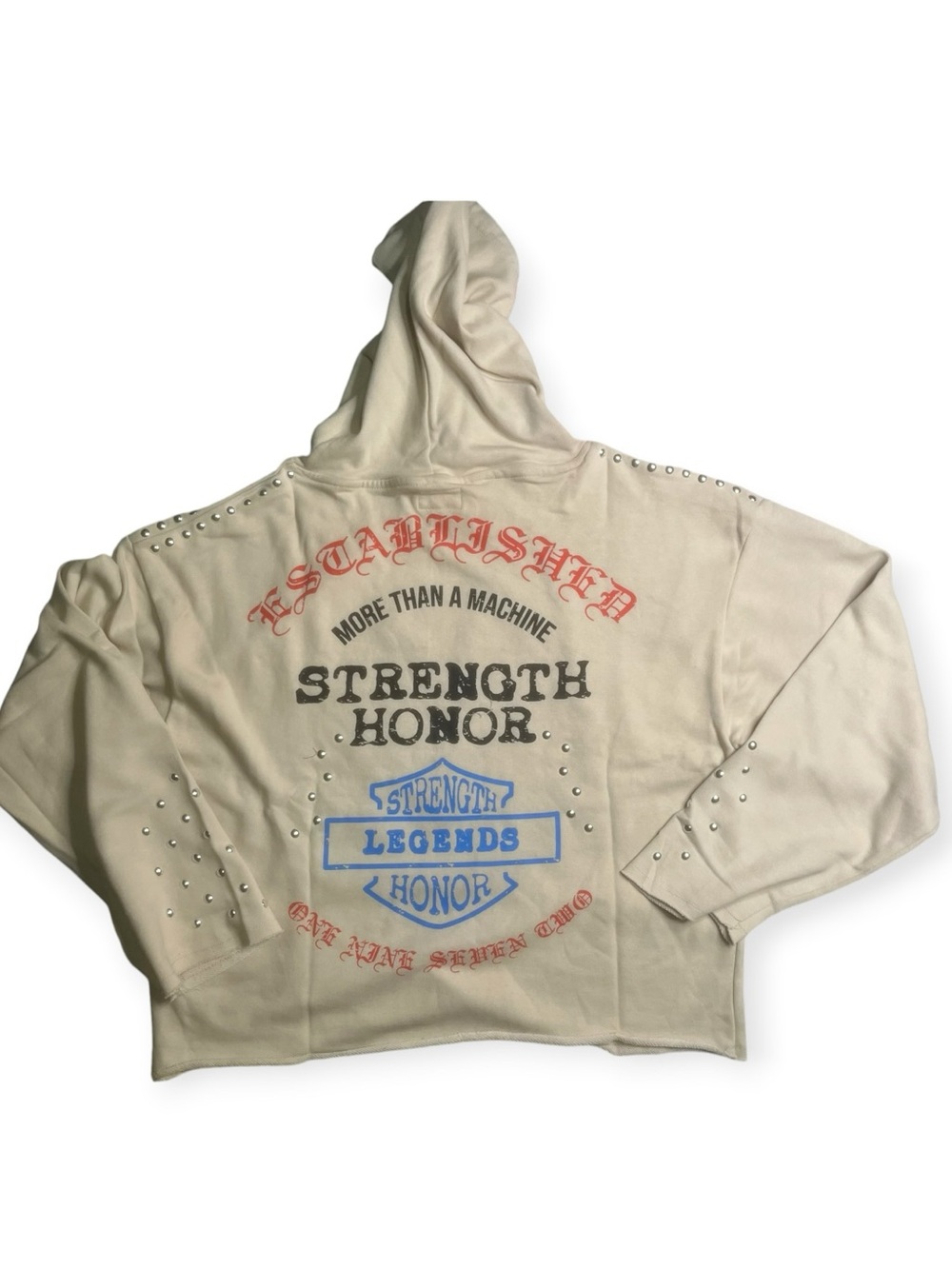 Sz 2xl Beige Graphic Hoodie with Stud Details - Picture 2 of 6